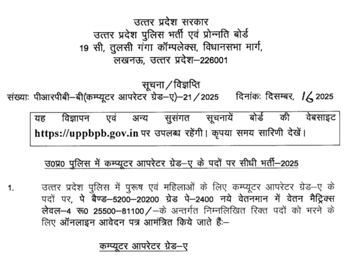 upprb computer operator recruitment 2025 12th pass can apply
