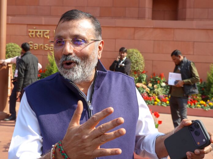 New Delhi: Bharatiya Janata Party (BJP) MP Nishikant Dubey speaks to the media at the Parliament House premises during the Budget Session of Parliament in New Delhi on Tuesday, February 10, 2026. (Photo: IANS/Prem Nath Pandey)