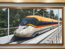 A picture of the country’s first proposed bullet train is installed at Gate Number 4 of Rail Bhavan in New Delhi on Monday, May 18, 2026. (Photo: IANS)
