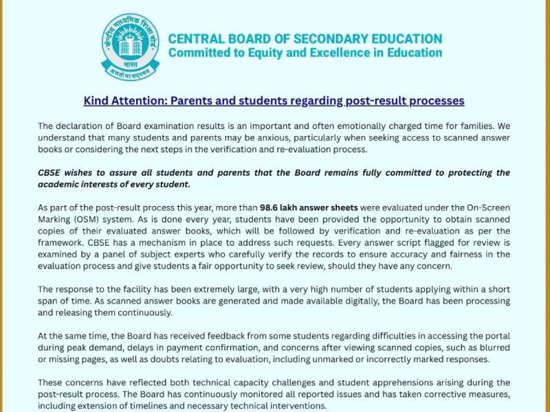 CBSE official notice header with logo, titled 'Kind Attention: Parents and students regarding post-result processes'