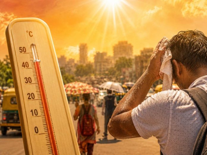 Wooden thermometer shows high temperature beside a man wiping sweat from his face in a sunny, crowded street market.