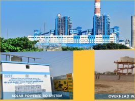 Collage of industrial facilities: a large blue factory with chimneys, a solar-powered reverse osmosis system panel on the bottom left, and an overhead water tank on the bottom right; yellow border visible.