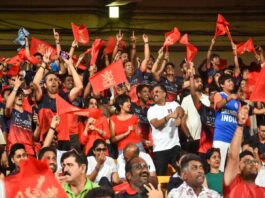 Crowd of sports fans waving red flags and cheering in a stadium, many wearing matching dark shirts and team colors.",
