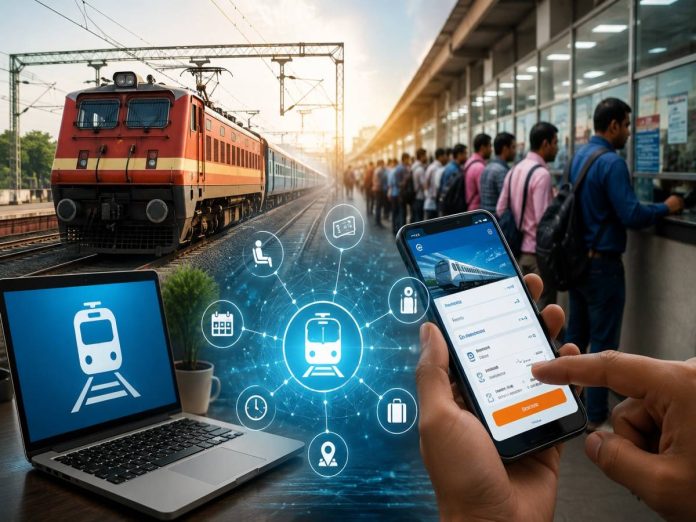 Railway tech scene: a red locomotive at a station with passengers, a laptop and a smartphone showing train icons linked by digital network graphics.