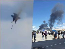Split image: left shows a person tumbling through a gray sky with smoke trails; right shows onlookers in a parking lot as dark smoke rises from a fire.