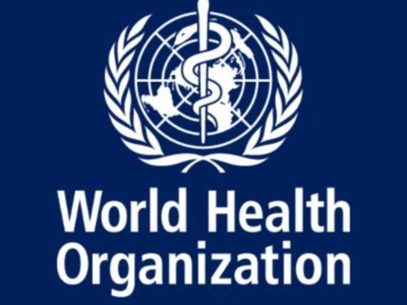 World Health Organization logo: white emblem with a staff and snake over a globe, surrounded by olive branches on a blue background, with 'World Health Organization' text.