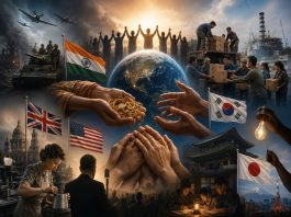 Diverse people join hands around a glowing Earth, with flags of the US, UK, India, South Korea, and Japan symbolizing global cooperation.