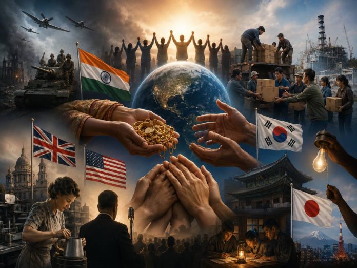 Diverse people join hands around a glowing Earth, with flags of the US, UK, India, South Korea, and Japan symbolizing global cooperation.