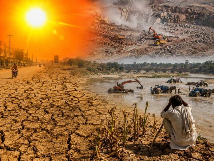 Drought-stricken scene with cracked earth, a man crouching by water, and active mining machinery in the background under a blazing sun, signaling environmental distress.