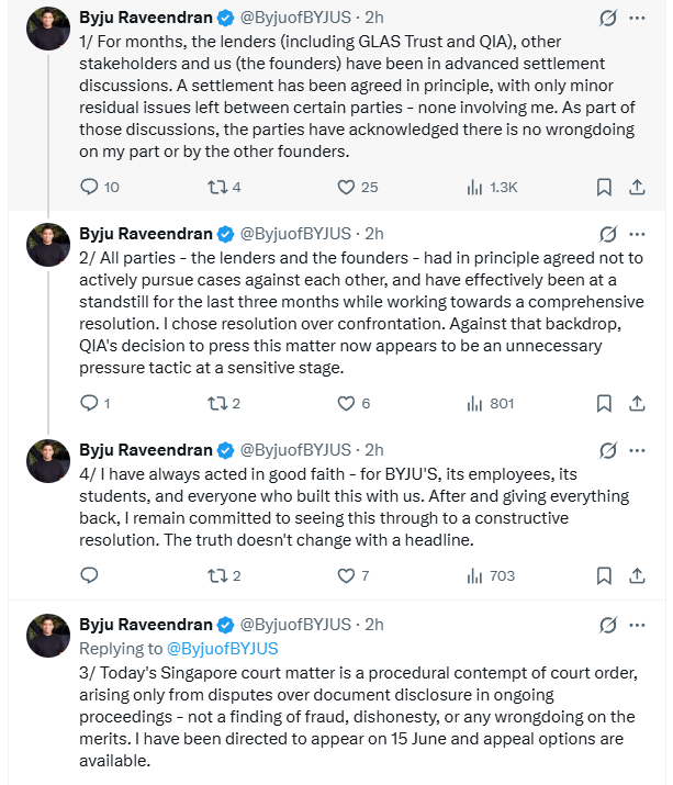 Tweet thread from Byju Raveendran about a settlement with lenders, founders, and GLAS Trust.
