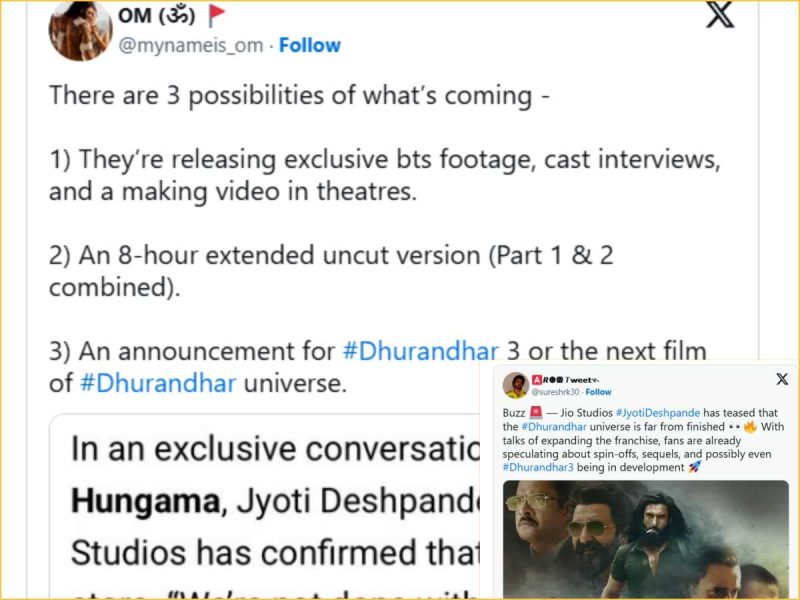Screenshot of a social post listing three Dhurandhar film update possibilities: BTS footage/interviews, an 8‑hour uncut version, and a future universe announcement; includes a small inset tweet image.