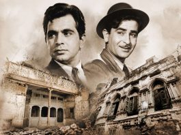 Sepia-toned poster showing two men in vintage clothes above a ruined cityscape.
