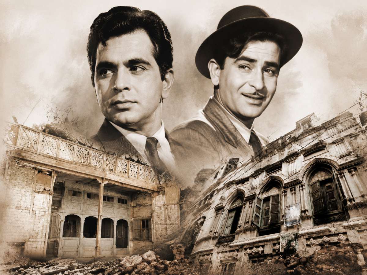 dilip kumar raj kapoor peshawar house Sepia-toned poster showing two men in vintage clothes above a ruined cityscape.
