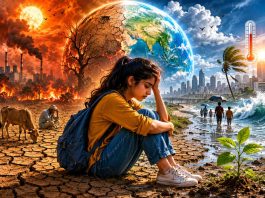 Young woman sits with knees up on cracked dry ground, backpacked, as a split Earth shows fire and smokestacks on the left and blue sky, cities and waves on the right, illustrating climate crisis.