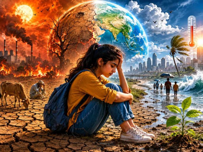 Young woman sits with knees up on cracked dry ground, backpacked, as a split Earth shows fire and smokestacks on the left and blue sky, cities and waves on the right, illustrating climate crisis.