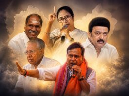 Collage of Indian political figures around a map of India with dramatic golden lighting; a man in an orange scarf speaks into a microphone while others look on.
