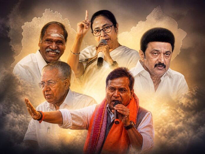 Collage of Indian political figures around a map of India with dramatic golden lighting; a man in an orange scarf speaks into a microphone while others look on.