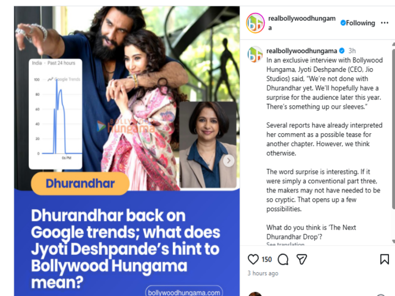 Collage announcing 'Dhurandhar back on Google trends; what does Jyoti Deshpande's hint to Bollywood Hungama mean?' with a bearded man hugging a woman, a small Google Trends graph, and bold blue text