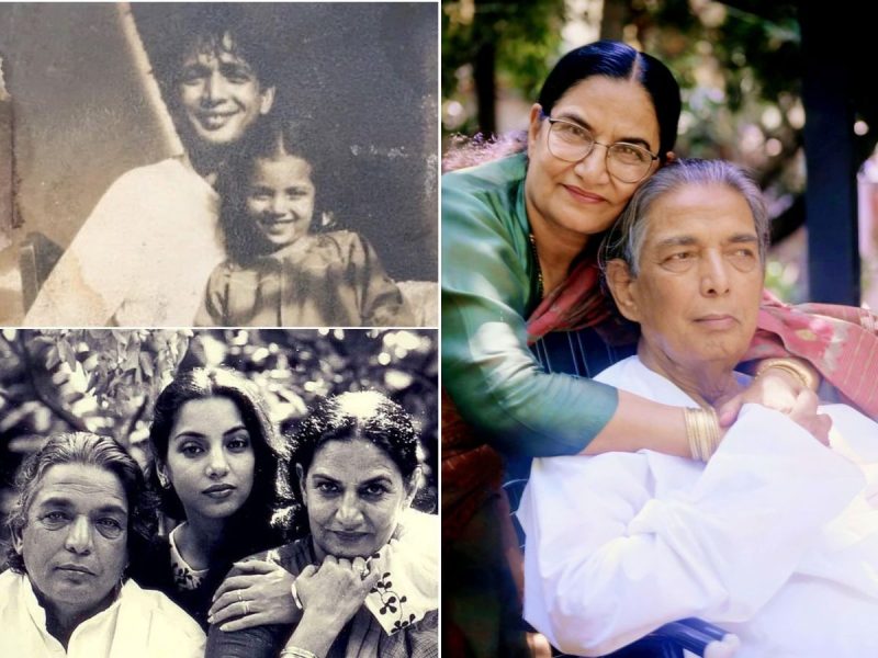 Family collage: top left shows a man with a smiling child, bottom left three adults pose together, right side a woman hugs an older man.
