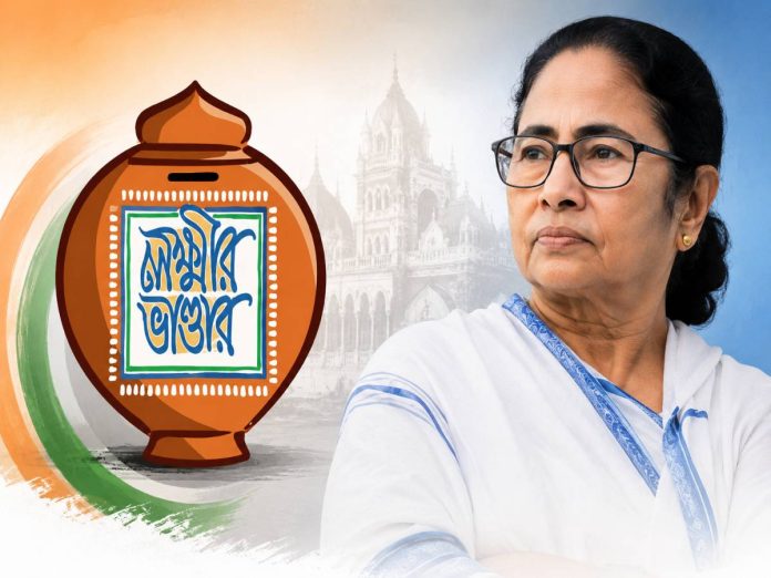A serious woman wearing glasses stands to the right of a large decorative orange pot with blue Bengali script, with a faded temple in the background.