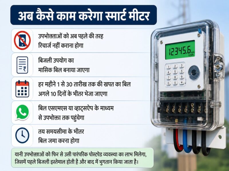 Hindi infographic explaining smart meter: no upfront recharge, monthly bill, bill sent via SMS/WhatsApp, pay by due date.