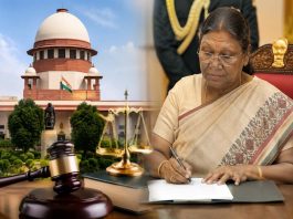 Split view of India's Supreme Court with a gavel and scales of justice, and a judge in a sari signing documents at a desk.