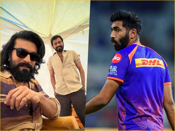 Split image: left a bearded man with sunglasses taking a selfie in a light tent, another man in a beige shirt behind him; right a cricketer in a blue and orange jersey on the field, seen from the side.