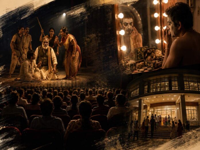 Live theatre scene: actors in traditional clothes perform on stage while a seated elder speaks to a younger person; audience sits in the foreground.