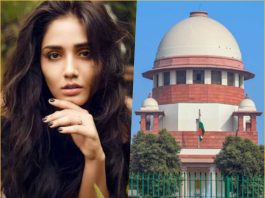 Portrait of a woman with long dark hair on the left, and the Indian Parliament building with a blue sky on the right.