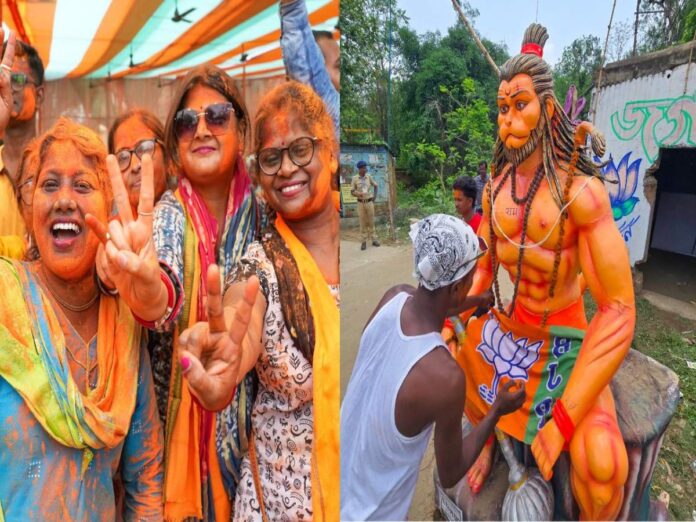 BJP supporters show victory signs during celebrations (Photo- IANS)