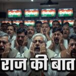 Group of Indian men shouting with hands on their faces, in a room where monitors display the word 'Defeat' behind them.