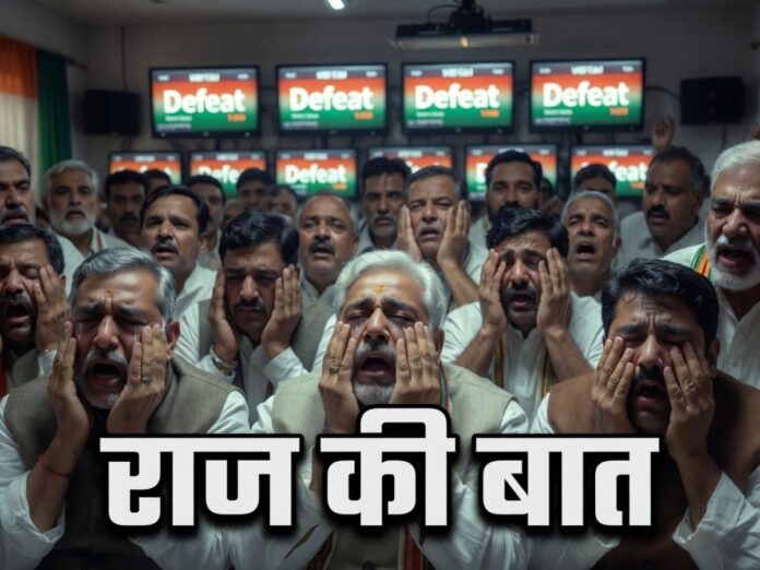 Group of Indian men shouting with hands on their faces, in a room where monitors display the word 'Defeat' behind them.