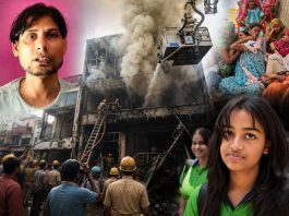 Collage of a burning building with firefighters, a crowd of onlookers, and a foreground portrait of a young girl in green; conveys disaster relief context.