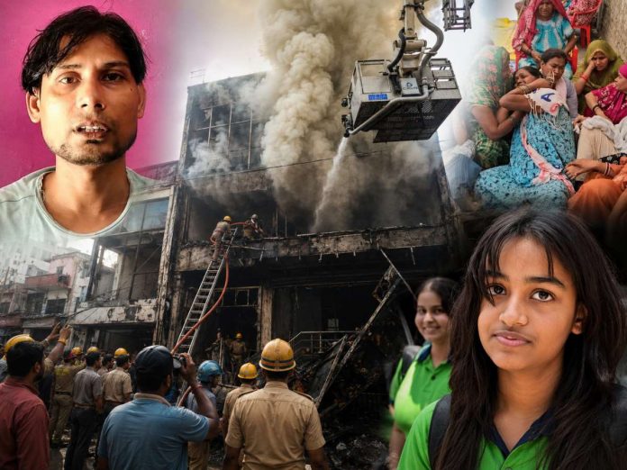 Collage of a burning building with firefighters, a crowd of onlookers, and a foreground portrait of a young girl in green; conveys disaster relief context.