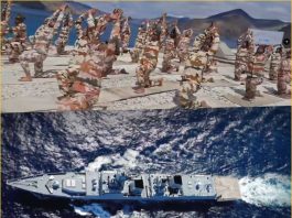 Group of camouflaged soldiers doing yoga-like stretches on a rocky beach with mountains in the background; a naval ship moves through the ocean below the scene.