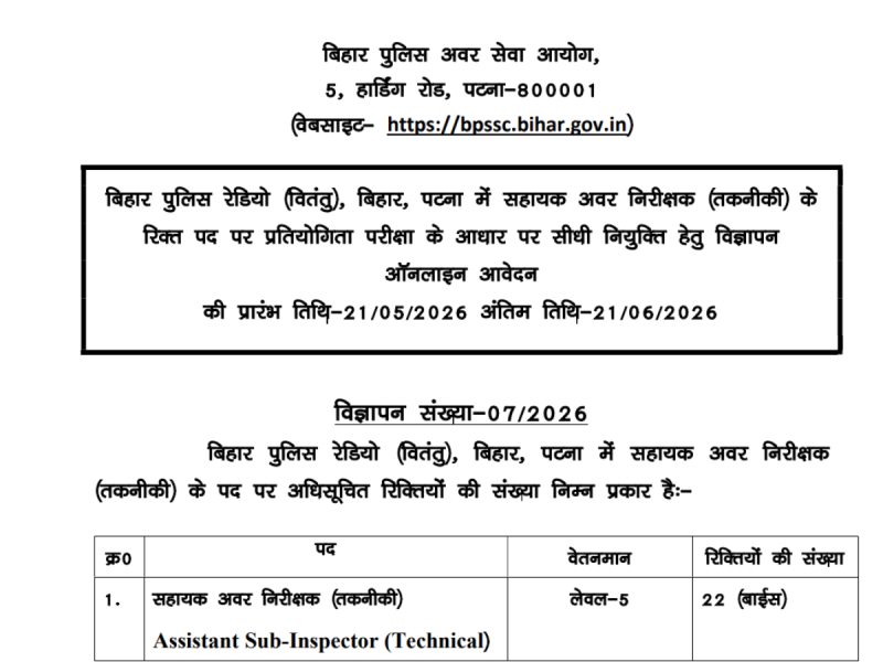 BPSSC ASSISTANT SUB INSPECTOR - bolebharat Bihar Police recruitment notice for Assistant Sub-Inspector (Technical) with online application dates 21/05/2026 to 21/06/2026 and the website link https://bpssc.bihar.gov.in