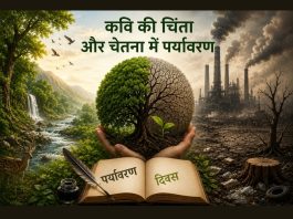 Hands cradle a half-green, half-dry earth with a sapling, against a lush forest and a polluted factory scene; open book reads 'पर्यावरण दिवस' (Environment Day). Transition of nature vs industry message for environmental awareness.