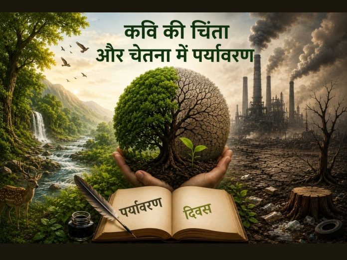 Hands cradle a half-green, half-dry earth with a sapling, against a lush forest and a polluted factory scene; open book reads 'पर्यावरण दिवस' (Environment Day). Transition of nature vs industry message for environmental awareness.