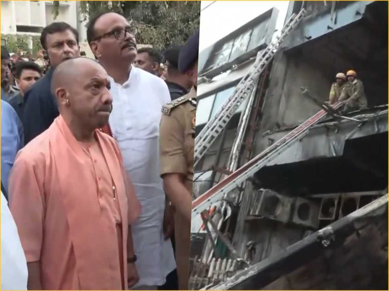 Left: man in peach kurta among officials and onlookers; right: heavily damaged building with firefighters on ladders outside.