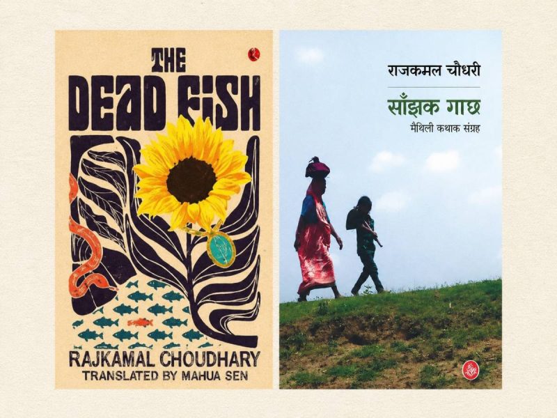 Left book cover shows 'The Dead Fish' with a large sunflower and stylized fish design, by Rajkamal Choudhary (translated by Mahua Sen).