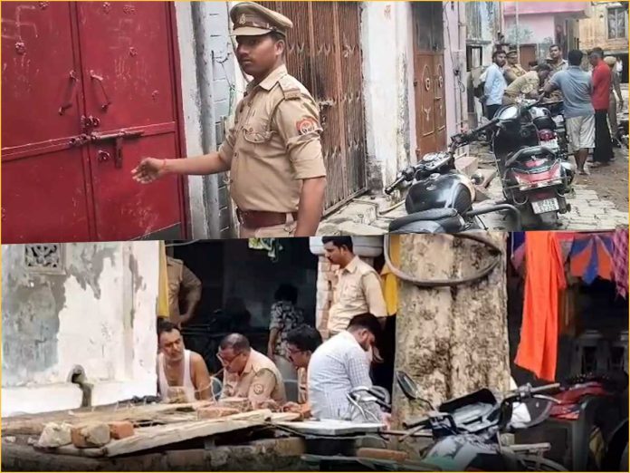 Police officers in khaki uniforms inspect a narrow street near a red door, with motorcycles parked along the curb.