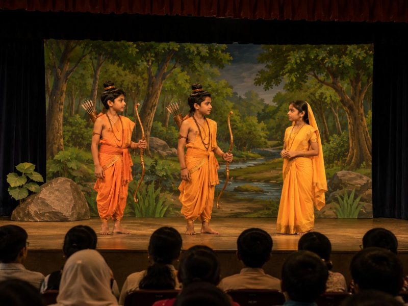 Three young dancers in saffron outfits perform a traditional Indian dance on a forest-themed stage, each holding a bow as an audience watches.