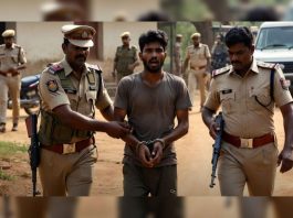 A man in a gray shirt is led by two police officers with handcuffs in a dusty outdoor setting, with more officers in the background.