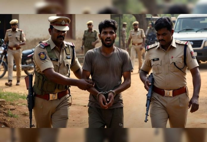 A man in a gray shirt is led by two police officers with handcuffs in a dusty outdoor setting, with more officers in the background.