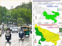 Street scene with motorcycles and cars on a wet road beside green trees; inset maps show rainfall forecast and heat warnings.