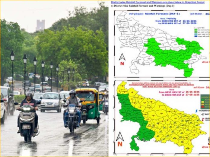 Street scene with motorcycles and cars on a wet road beside green trees; inset maps show rainfall forecast and heat warnings.