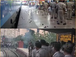 Two-panel image: top scene shows a blue train at a platform with scattered debris and several uniformed officers standing and observing; bottom scene shows a crowd of people and uniformed personnel near railway tracks with smoke and a signboard in the background.