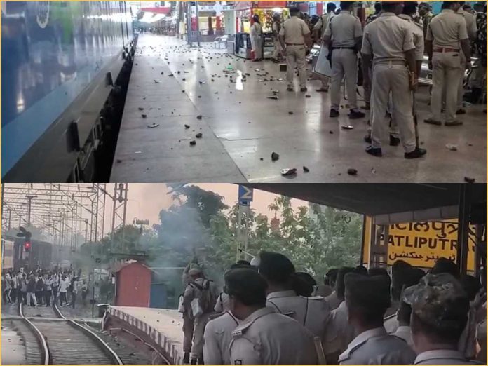 Two-panel image: top scene shows a blue train at a platform with scattered debris and several uniformed officers standing and observing; bottom scene shows a crowd of people and uniformed personnel near railway tracks with smoke and a signboard in the background.