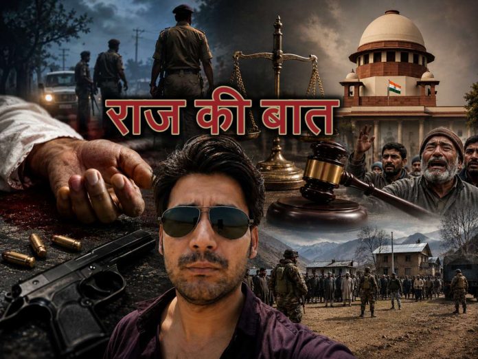 Collage of violence and justice: man with a pistol in foreground, scales and gavel, soldiers and a government building with the Indian flag, text 'राज की बात' in Hindi.
