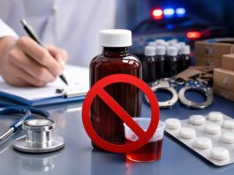Medicine bottle with a red 'no' symbol in a medical desk scene (handwriting, stethoscope, pills) and police lights in the background, conveying 'no drugs' or drug prohibition.